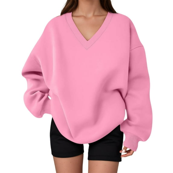 CAIVO Women's Oversized V Neck Long Sleeved Pullover Elegant Casual Cute Sporty Sweatshirt Christmas Winter Stylish Tops