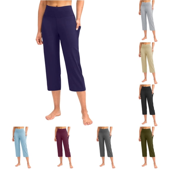 CAIVO Women's Pants Lightweight 3/4 Trousers Casual Loose Fit Plain With Pockets Casual Soft Comfortable Fabric Yoga Sports Trousers Calf Length Stretch Solid Color Athletic Fitness Leggings , Navy