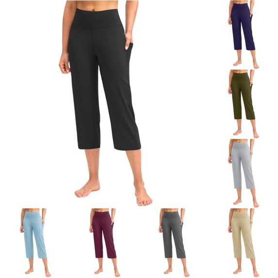 CAIVO Women's Pants Lightweight 3/4 Trousers Casual Loose Fit Plain With Pockets Casual Soft Comfortable Fabric Yoga Sports Trousers Calf Length Stretch Solid Color Athletic Fitness Leggings , Black