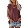 thumbnail image 1 of CAIVO Women's Shirts Solid Color Short Sleeve Oversized Casual V-Neck Fashion Tops Summer Blouse Boho Back To School Dailywear, 1 of 3