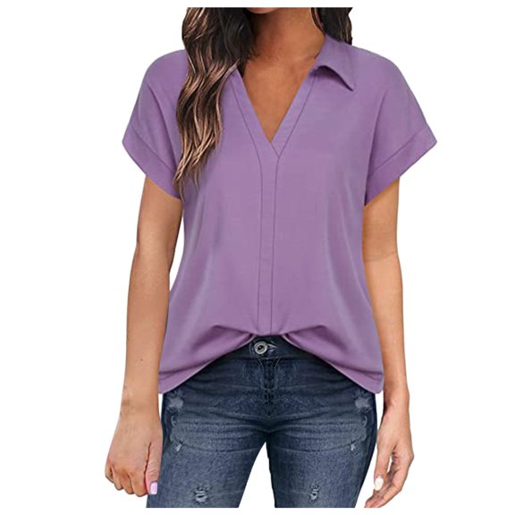 CAIVO Women's Short Sleeve With V Neck Tunic Summer Elegant Blouses Casual Blouse Shirt Modern Business T Shirt Comfort Solid Color Back To School Tops