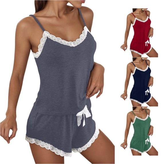 CAIVO Women's Sleepwear Pajama Set Lace Trim Sleeveless Tops Nightwear Comfortable Home Soft Breathable Two Piece Relaxed Fit Homewear