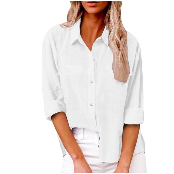 CAIVO Women's Solid Color Linen Button Up Long Sleeve Shirt With Pockets Turndown Collar Relaxed Fit Summer Blouse Back To School Tops