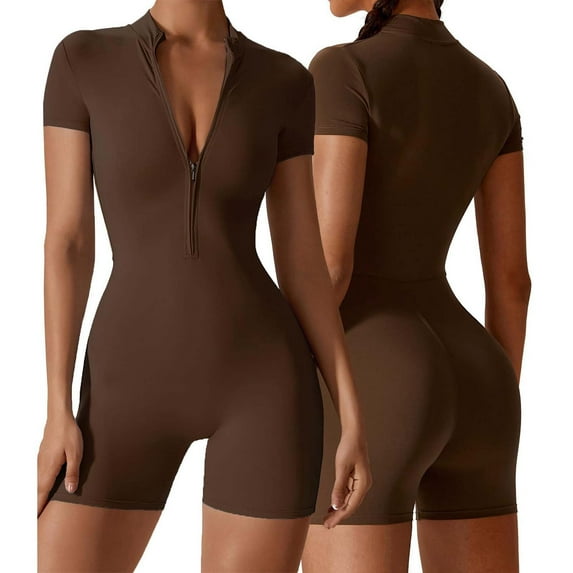 CAIVO Women's Solid Color Summer Zippered Short Sleeve Yoga Jumpsuit Dance Fitness Tight Workout Onesie Daily Comfort