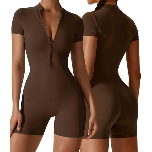 CAIVO Women's Solid Color Summer Zippered Short Sleeve Yoga Jumpsuit Dance Fitness Tight Workout Onesie Daily Cozy