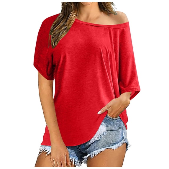 CAIVO Women's Summer Blouse Off Shoulder Shirts Casual Loose Short Sleeve Tunics Tops Holiday Solid Color Back To School Dailywear
