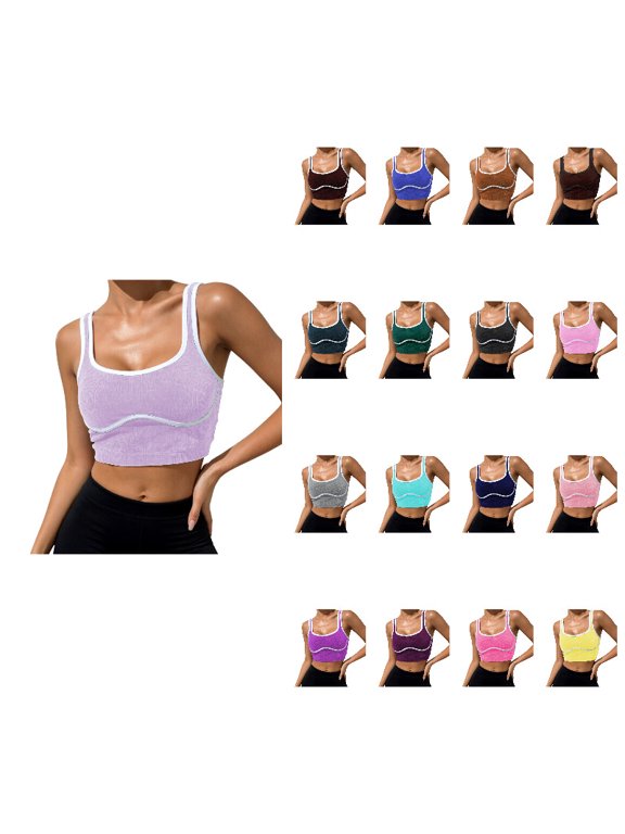 Womens Athletic Tank Tops Breathable Square Neck Tight Color Block Cropped Sleeveless Stretchy Yoga Running Fitness Training Camisole Vest