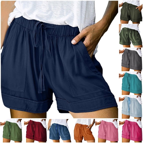 CAIVO Womens Comfy Drawstring Splice Casual Elastic Waist Pocketed Loose Shorts Holiday Summer Outdoor Work Solid Color Bottoms