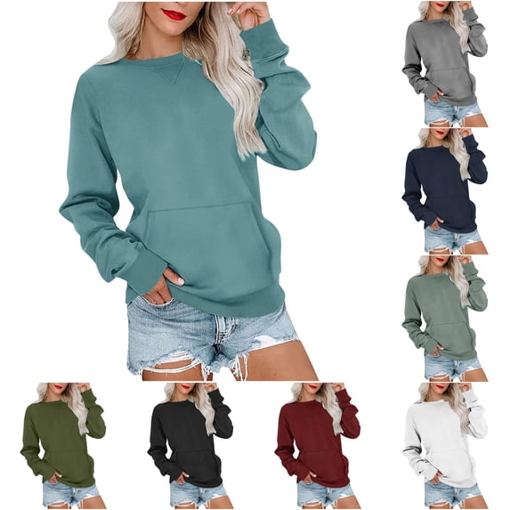 CAIVO Womens Long Sleeve Pocket Pullover Crewneck Sweatshirt Drop Shoulder Casual Tops Lightweight Solid Color Breathable Stretch Fall Streetwear