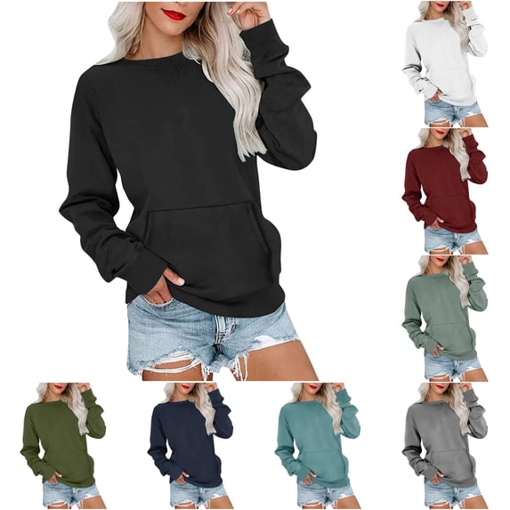 CAIVO Womens Long Sleeve Pocket Pullover Crewneck Sweatshirt Drop Shoulder Casual Tops Lightweight Solid Color Holiday Fall Streetwear