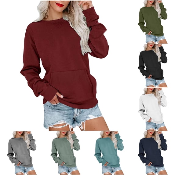 CAIVO Womens Long Sleeve Pocket Pullover Crewneck Sweatshirt Drop Shoulder Casual Tops Lightweight Solid Color Relaxed Fit Fall Streetwear