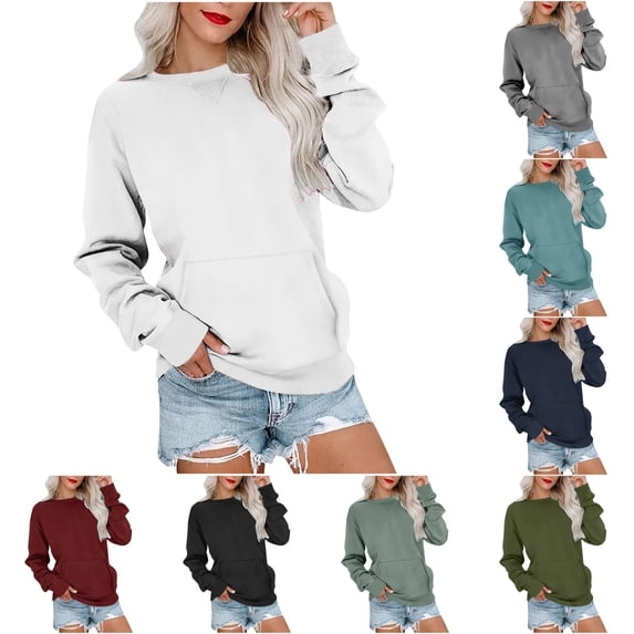 CAIVO Womens Long Sleeve Pocket Pullover Crewneck Sweatshirt Drop Shoulder Casual Tops Lightweight Solid Color Vacation Fall Streetwear