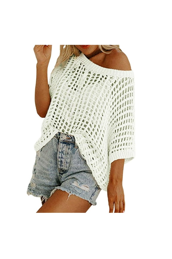 Womens Summer Scoop Neck Short Sleeve Sweater Knitwear Casual Crochet Hollow Out Knit Tops Pullover Shirts Beach Cover Up Birthday Dailywear