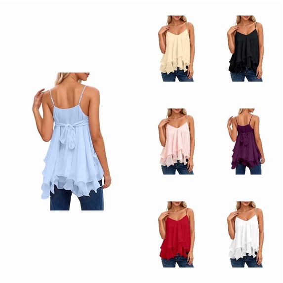 CAIVO Womens Tank Tops Spaghetti Strap Ruffle Trim V Neck Casual Summer Versatile Solid Color Classic Sleeveless Flowy Beach Tiered Camisole Top