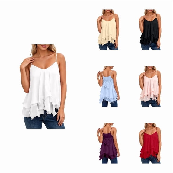 CAIVO Womens Tank Tops Spaghetti Strap Ruffle Trim V Neck Casual Summer Versatile Solid Color Classic Sleeveless Flowy Beach Tiered Camisole Top