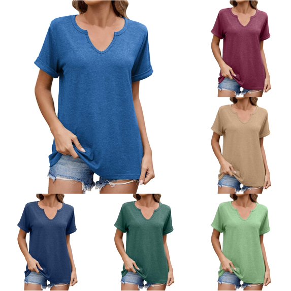 CAIVO Womens Tops Basic T Shirt Casual V Neck Short Sleeve Solid Color Stylish T-Shirts