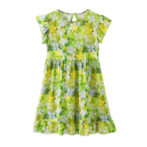 CAIXAI Girl Dresses Sun Dresses Flutter Sleeve Girls Summer Floral Dress for Outdoor Play Comfortable Casual Wear Lightweight Breathable Soft Fabric Toddler to Teen Ages 3-16 Years