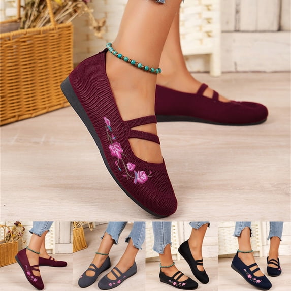 CAIXAI Low Top Walking Shoes Wide Walking Shoes for Women Comfortable Knit Upper Embroidery Wide Toe Box Sneakers Women Closed Toe on Arch Support Mary Jane Flats Women Hands Free Sock Shoe