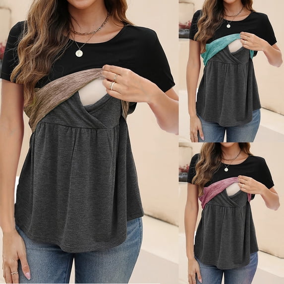 CAIXAI Maternity T Shirts Womens Maternity Nursing Tops Rib Short Sleeve Breastfeeding Shirts Maternity Clothes