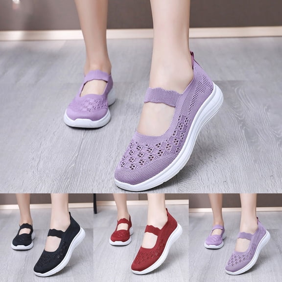 CAIXAI Orthopedic Shoes for Women Arch Support Womens Walking Sneakers Comfortable Closed Toe Slip on Wide Walking Shoes for Women Knit Upper Embroidery Mary Jane Shoes Hands-Free Barefoot Shoe