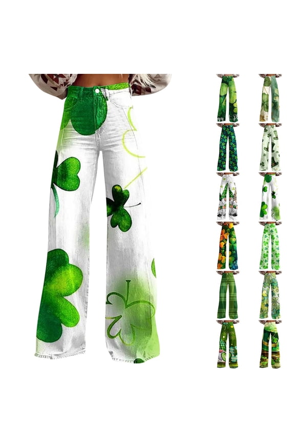 CAIXAI St Patricks Day Pants for Women High Waist Wide Leg Baggy Plus SizeIrish Green Shamrock Print Pant with Pockets