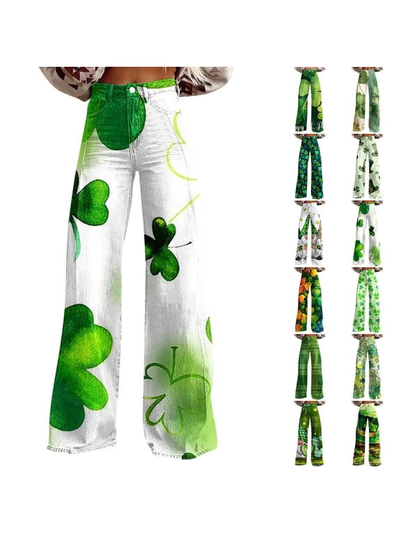 CAIXAI St Patricks Day Pants for Women High Waist Wide Leg Baggy Plus SizeIrish Green Shamrock Print Pant with Pockets