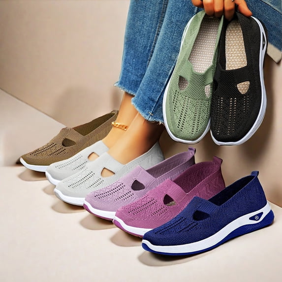 CAIXAI Walking Shoes Women Wide Toe Box Shoes Women Lightweight Mesh Knitted Woven Womens Casual Sneakers on Adjustable Upper Mary Jane Shoes Hands Free Pull-On Shoes