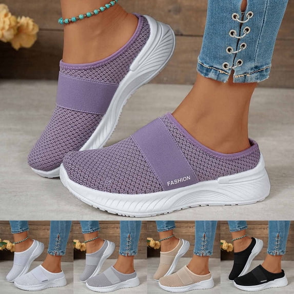 CAIXAI Walking Shoes Women Wide Walking Shoes for Women Lightweight Mesh Knitted Woven Sneakers Women Non- Sole Arch Support Mary Jane Shoes Hands-Free Sock Shoe