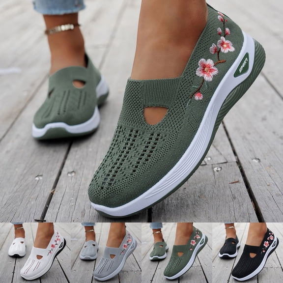 CAIXAI Women Walking Shoes Orthopedic Dress Sneakers Women Classic Knit Upper Embroidery Wide Toe Box Sneakers Women Non-Slip Sole Adjustable Upper Mary Jane Flats Women Hands Free Go Walk Shoes