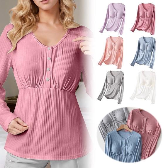 CAIXAI Womens Maternity Ribbed Tops, Cute Long Sleeve Buttton V Neck ...