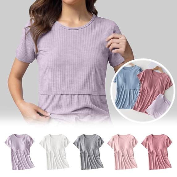 CAIXAI Womens Maternity Shirts Short Sleeves Nursing Tops Double Laye Breastfeeding Tees Pregnancy Clothes
