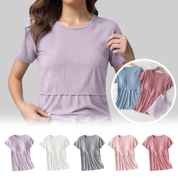 CAIXAI Womens Maternity Shirts Short Sleeves Nursing Tops Double Laye Breastfeeding Tees Pregnancy Clothes