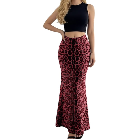CAIXAI Womens Maxi Skirt Elegant Leopard Print Skirt Fishtail High Waist Midi Long Casual Skirts for Party Wedding
