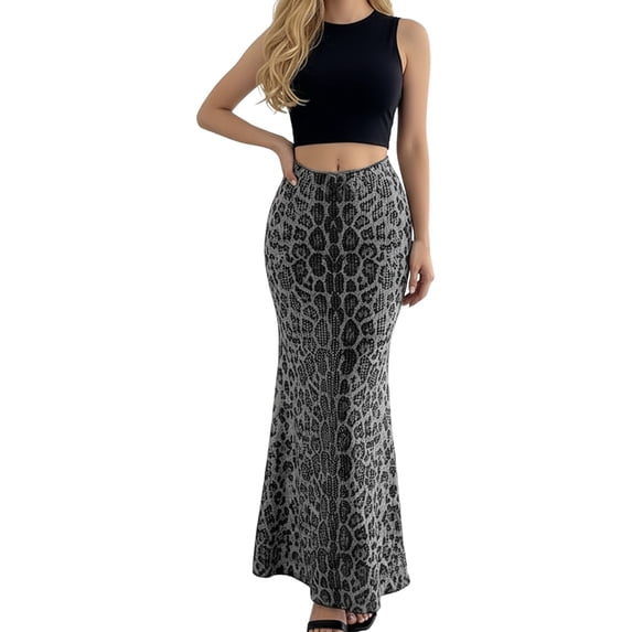 CAIXAI Womens Maxi Skirt Elegant Leopard Print Skirt Fishtail High Waist Midi Long Casual Skirts for Party Wedding