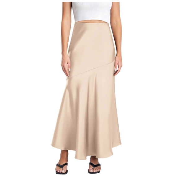 CAIXAI Womens Satin Maxi Skirts 2026 Spring High Waisted Flowy Long Silk A Line Elegant Business Casual Formal Slip Skirt