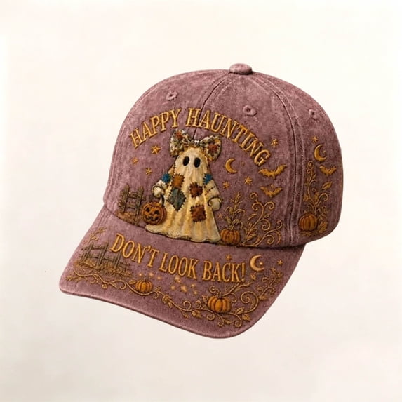 CAIXIA 3D Halloween Embroidered Baseball Cap for Women, Adjustable Cotton Hat with Witch, Ghost, Pumpkin & Bat Design,One Size