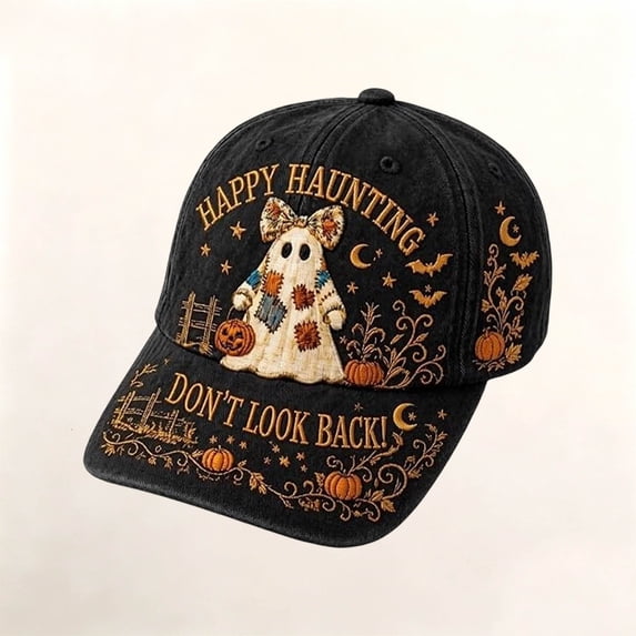 CAIXIA 3D Halloween Embroidered Baseball Cap for Women, Washed Cotton Hat with Pumpkin Ghost Embroidery,One Size