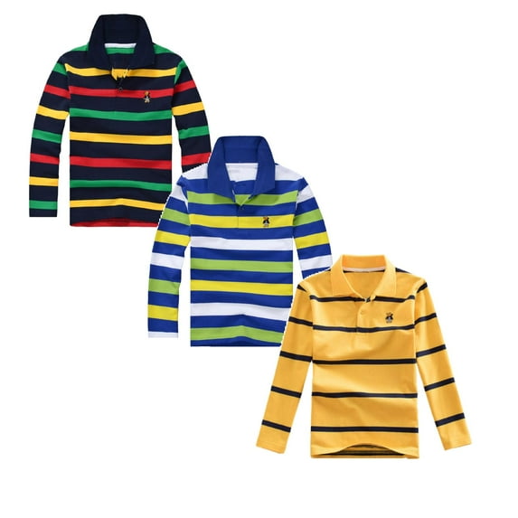 CAIXIA 3PCS Boys and Toddlers' Striped Polo Shirt,Cotton Long Sleeve Shirt,6-7 Years