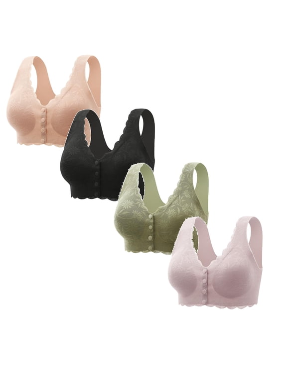 4 Pack Womens Comfortable No Underwire Deep V Bras 360° Jelly Strip Wireless Soft Bra with Bra Extender Cotton Underwear for Women