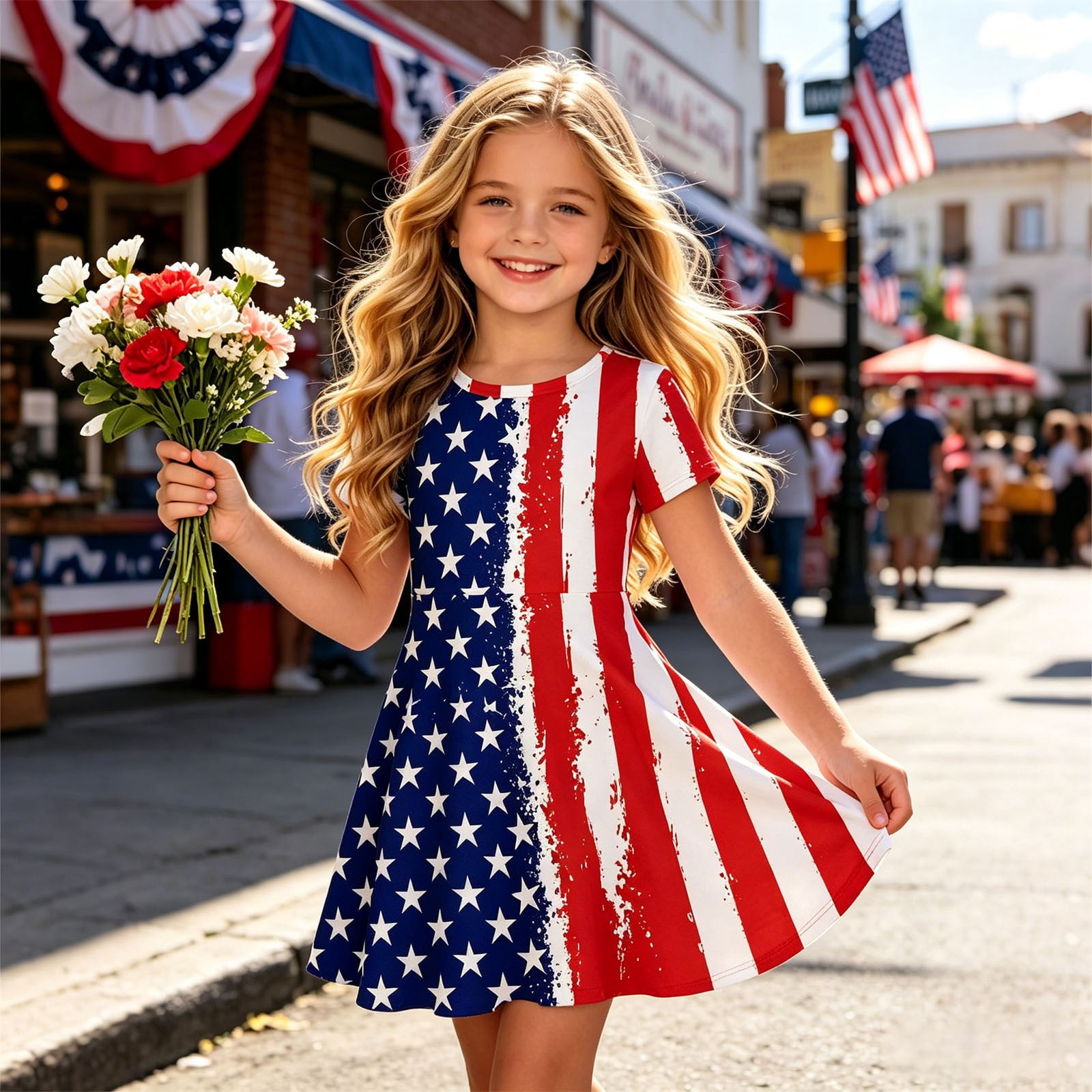 patriotic a-line dress Girls' Patriotic Star Print A-Line Dress, Round Neck Short Sleeve 4th of July Casual Summer Dress for Kids Multicolor n 5-6 Years