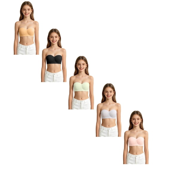 CAIXIA 5pack Girls Strapless Bra for Teens Bandeau Bras with Clear Straps Wireless Girl Training Bra