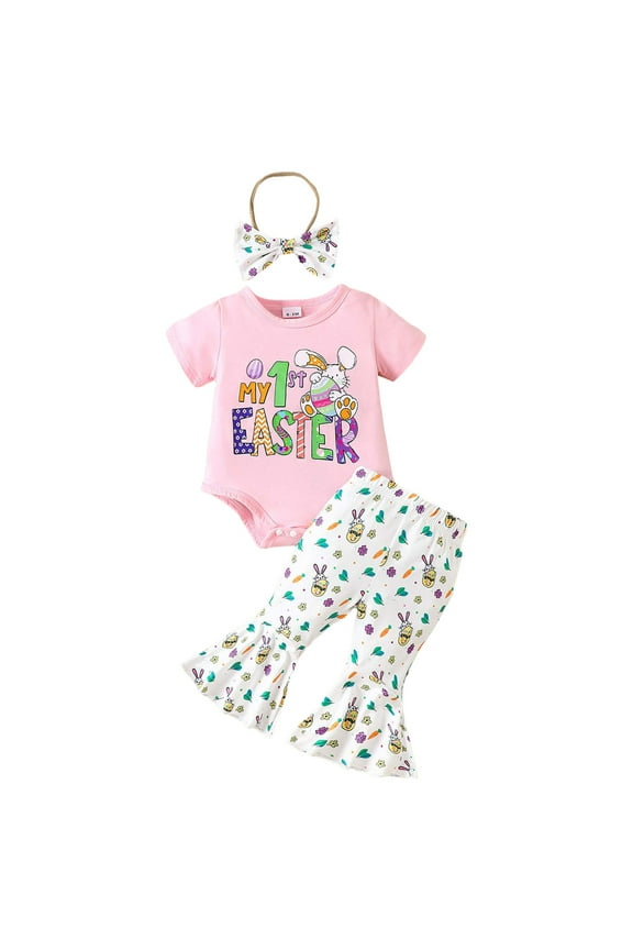CAIXIA Baby Girl Clothes Easter Bunny My First Easter Baby Girl Outfit Ruffle Sleeve Bunny Romper Onesie with Bow Pants Headband 3Pcs Easter Clothes Set