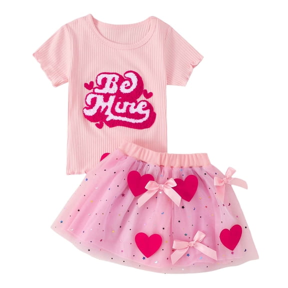 CAIXIA Baby Girl Dress TheFound Valentine's Day Baby Girl Outfit Toddler Summer Clothes Letter Print Short Sleeve Tops Star Tulle Tutu Skirt Set