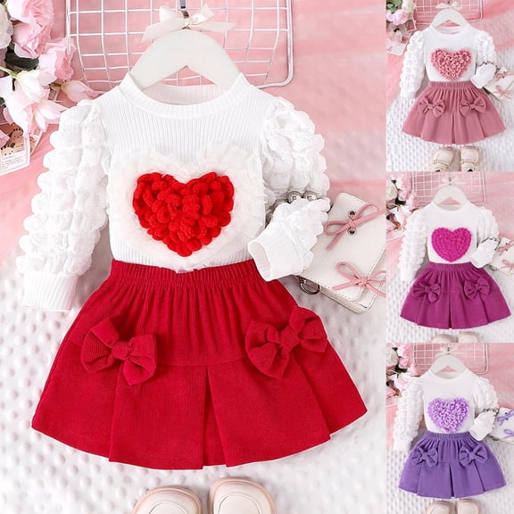 CAIXIA Baby Girl Dresses Baby Girls 2Pcs Valentine's Day Outfit Heart Print Long Sleeve Blouse + Bow Skirt Set Spring Autumn Clothes for Toddler