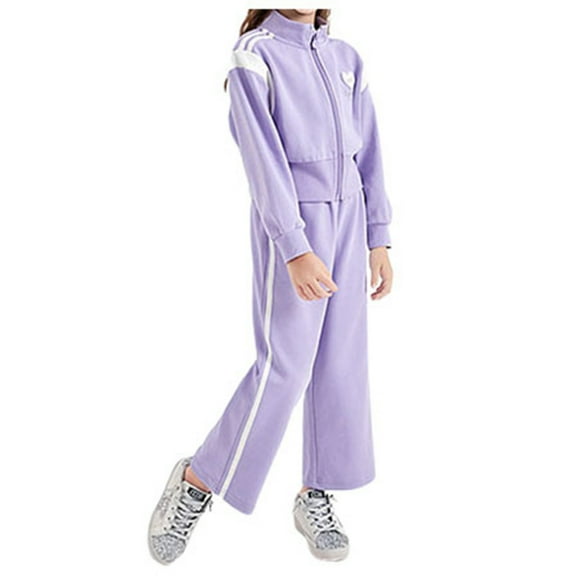 CAIXIA Girls Outfits Size 5 Girls Fashion Sportswear Set Stylish Zippered Stand Collar Top with Matching Trousers and Spliced Hoodie Design,Purple
