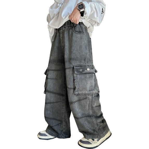 CAIXIA Baggy Jeans Boys Straight Leg Stretch Denim Pants Vintage Casual School Trousers Elastic Waistband Multipockets Vintage Streetwear