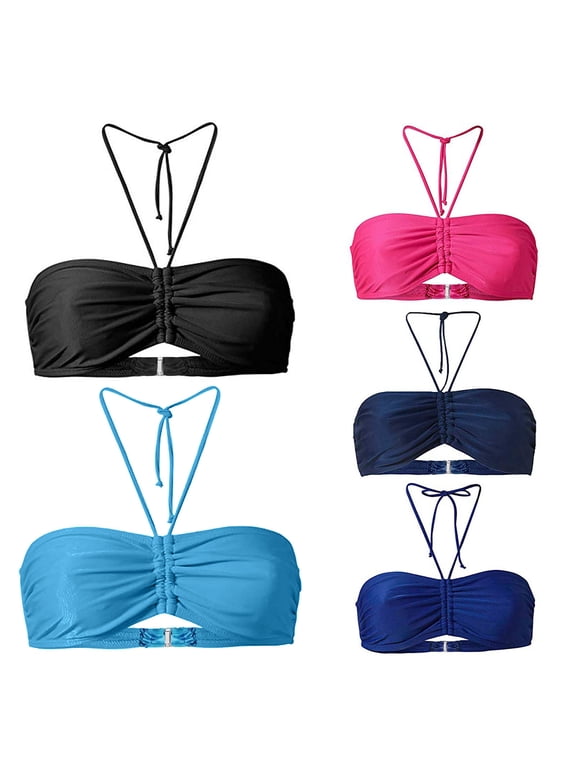 CAIXIA Bikini Tops For Women Halter String Padded Adjustable Self Tie Spaghetti Straps Swim Bathing Suit Top