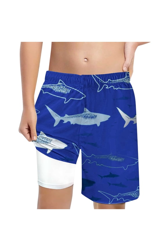 Board Shorts Boys with Compression Liner Running Board Shorts 2 In 1 Funny Print Youth Bathing Suit Soft Surf Swimwear