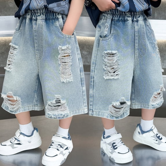 CAIXIA Boy's Baggy Jeans Shorts Wide Leg Pants Washed Denim Shorts Knee Length Elastic Wasit Sweat Jorts Fashion Distressed School Bermuda Shorts Preppy Clothes Streetwear