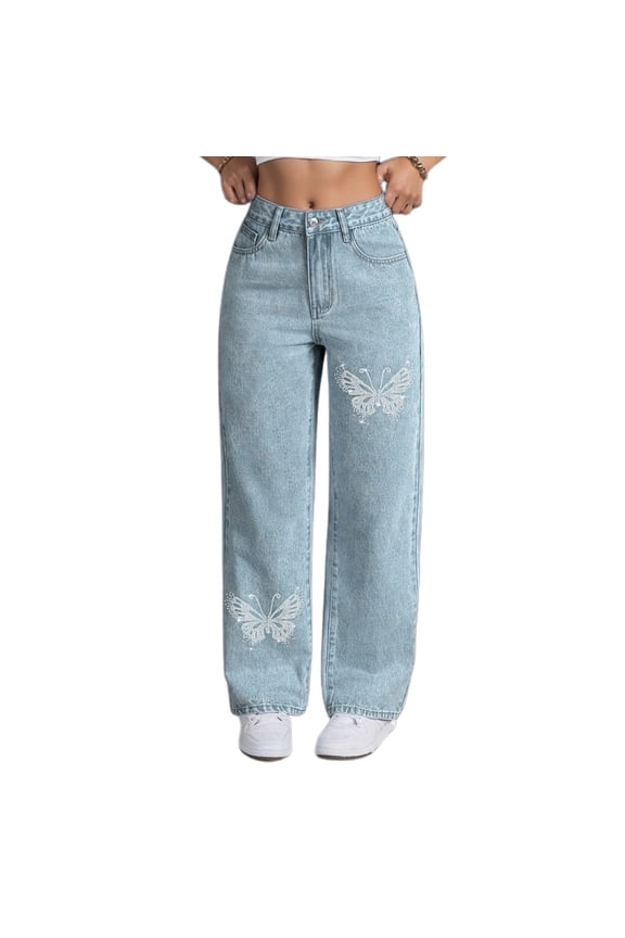 Boyfriend Jeans For Women Women's High Waist Straight Leg Denim Pants with Rhinestone Embellishment for Everyday Casual Comfort,Blue